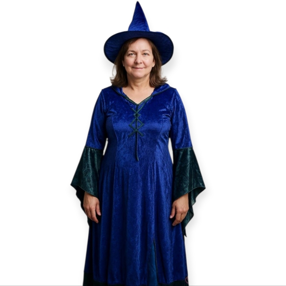 Adult Witch Costume Blue Green Crushed Velvet Sequine Long Gown Halloween Size M